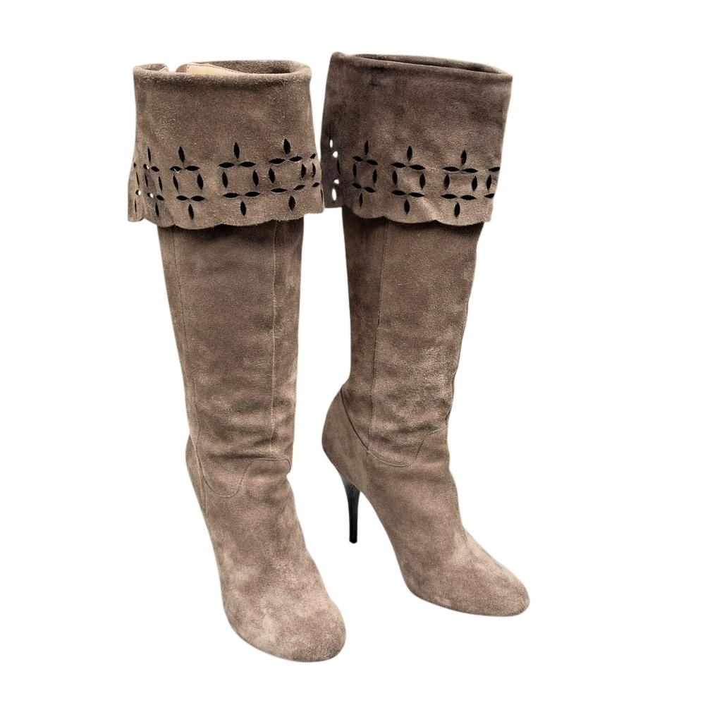 Beverly Feldman Suede Tan Laser-Cut Detail Zippered Knee High Boots Women Size 9